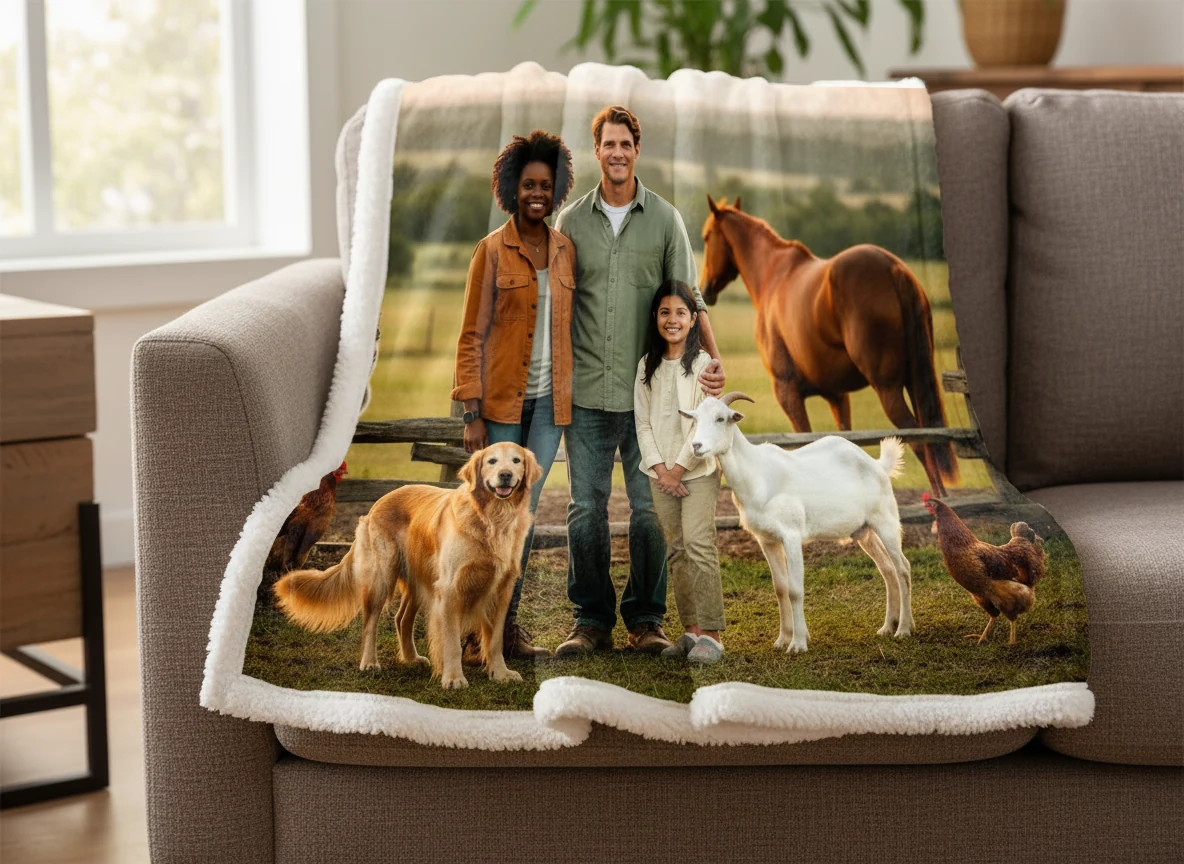 Photoreal Sherpa fleece blanket mockup featuring sample Whole Flock artwork