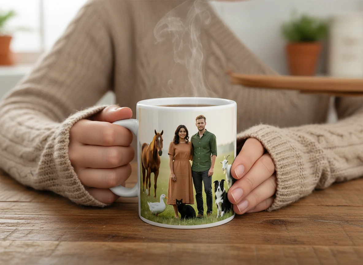 Photoreal Ceramic mug mockup featuring sample Whole Flock artwork