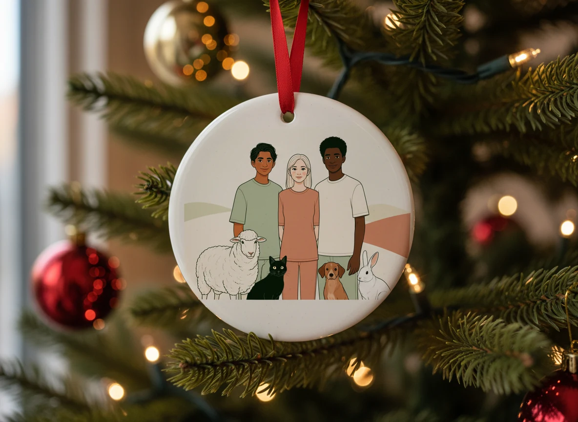 Photoreal Christmas ornament mockup featuring sample Whole Flock artwork