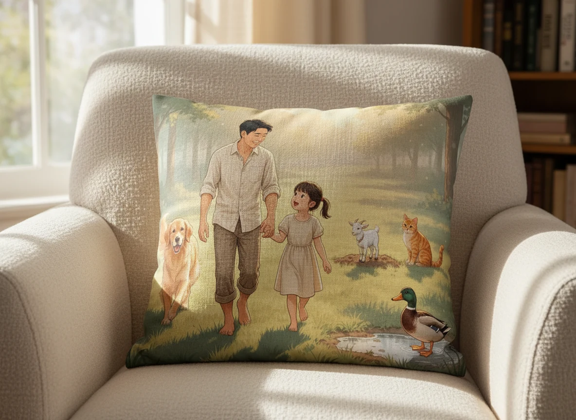 Photoreal Throw pillow mockup featuring sample Whole Flock artwork