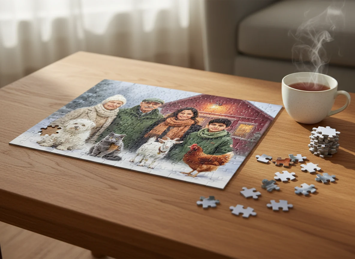 Photoreal Jigsaw puzzle mockup featuring sample Whole Flock artwork