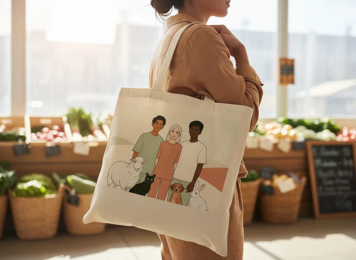 Photoreal Tote bag mockup featuring sample Whole Flock artwork